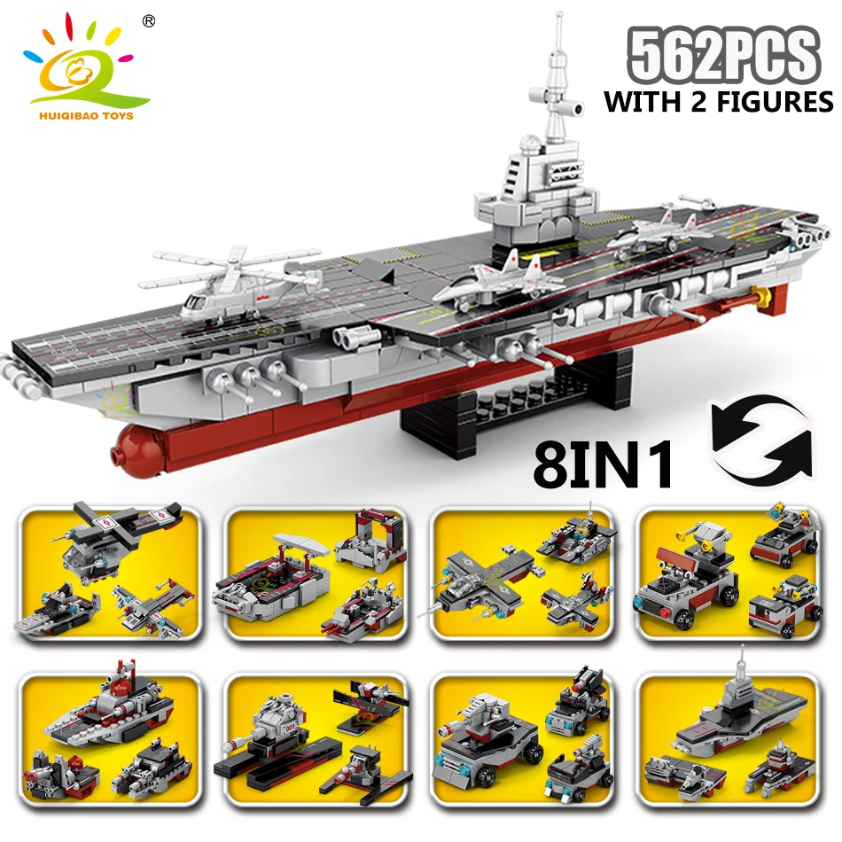 562 piezas, 8 en 1: barcos militares, aviones, cruceros, armas del ejército, buques de guerra y camiones.