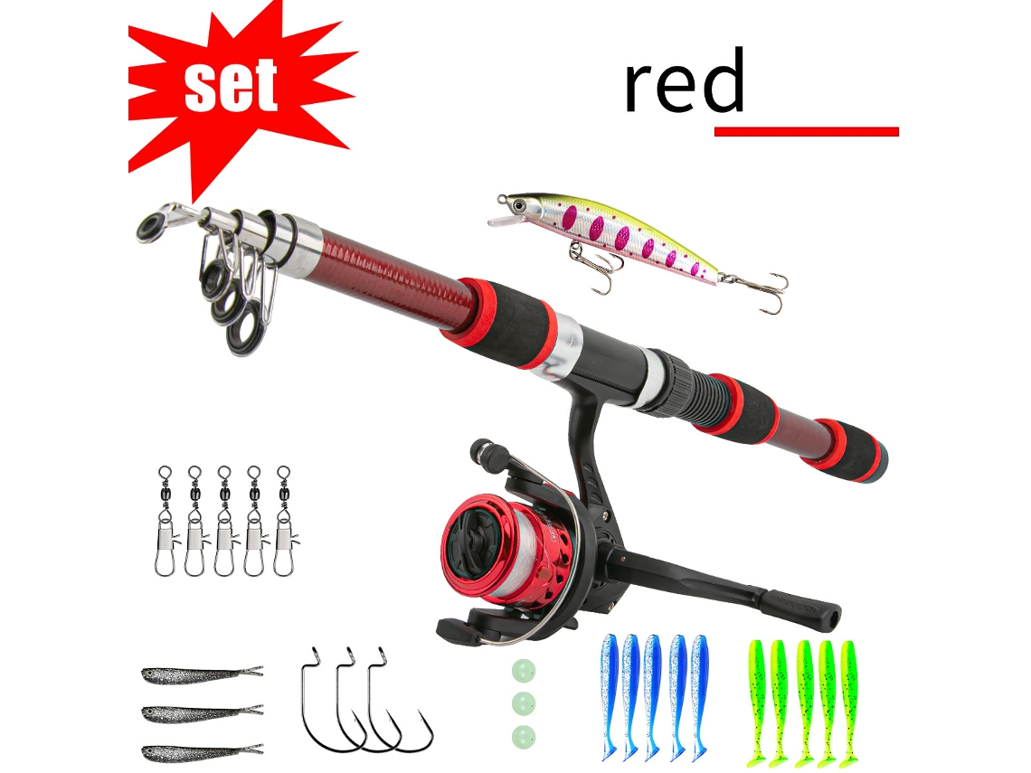 Caña de pescar telescópica portátil para niños de 1,8 m con sedal y cuerda, color rojo Siurn