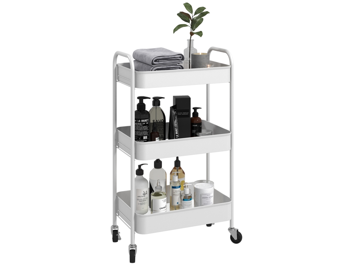 Carrito De Servicio De Acero Con Espacio De Almacenamiento, Con Ruedas, 3 Estantes Perforados, 45 X 30,6 X 79 Cm, Blanco