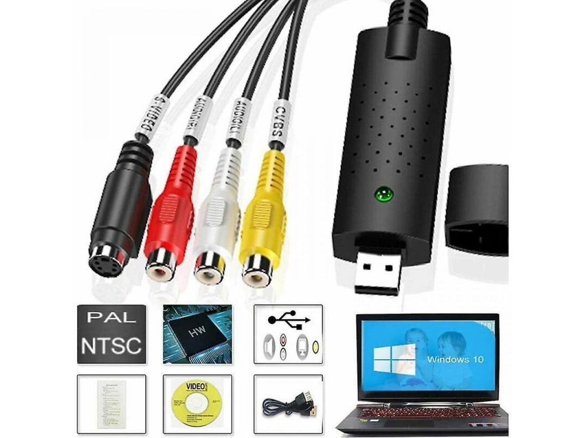 Convertidor USB 2.0 de VHS a digital para capturar vídeo y audio de cintas VHS Hi8 a DVD.