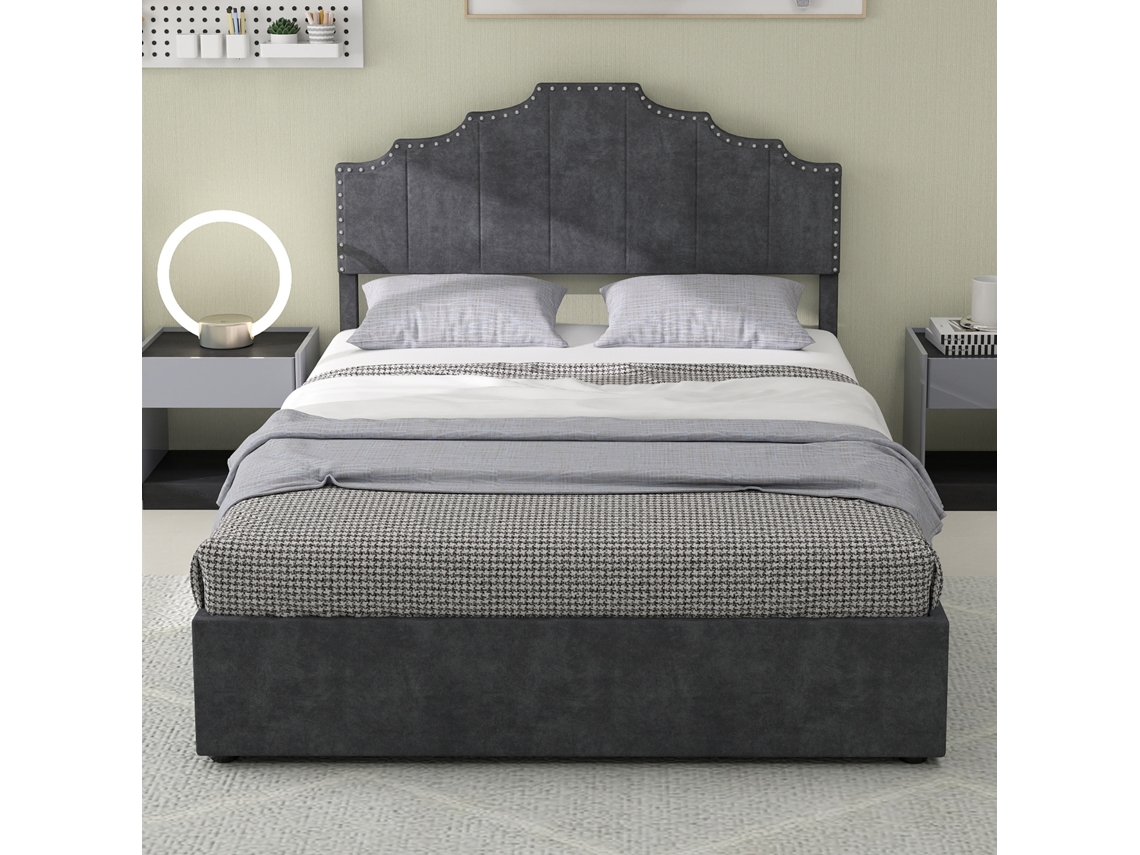Cama Tapizada 160x200 - Cabecero Suave Y Canapé Abatible Con Pistón - Gris