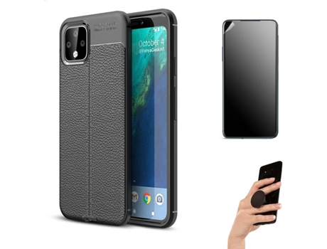 Kit Carcasa Y Protector Google Pixel 4 Ultimatte Rugged Leather Y Popsocket Negro
