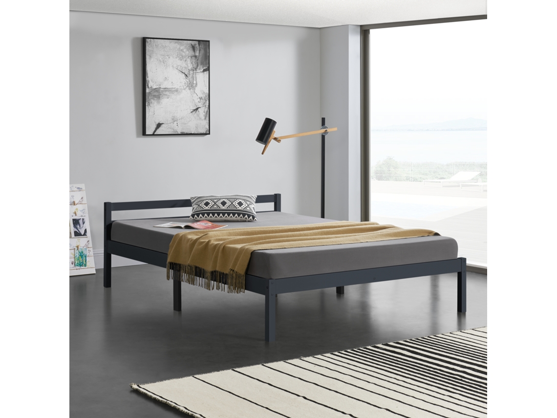 Cama de Matrimonio [ES.CASA] (206 x 146 x 50 cm - Madera de Pino - Gris)