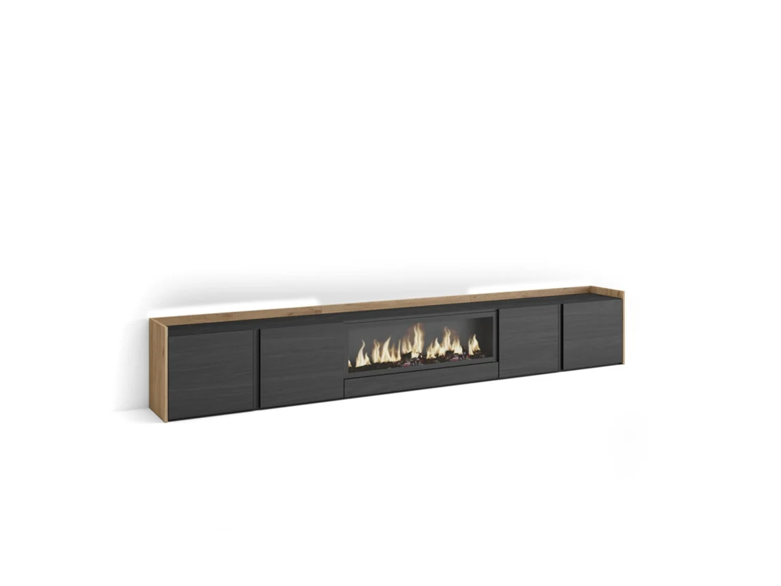 Mueble Tv, Televisión, 315x35x50cm, Para Tv Hasta 80", Chimenea Eléctrica Xxl, Led, Negro Y Roble