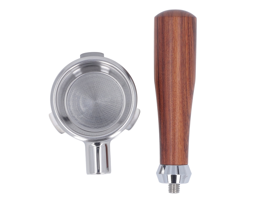 Portafiltro Primerox sin base, 58 mm, 3 asas, cesta de acero inoxidable para Barsetto de madera maciza.