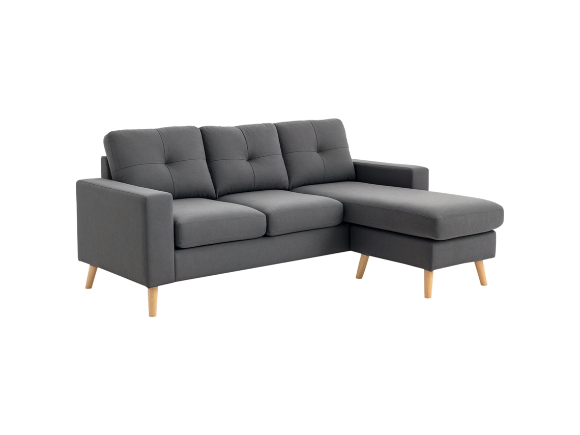 Sofá esquinero escandinavo con detalles capitoné, madera y tapicería de lino gris.