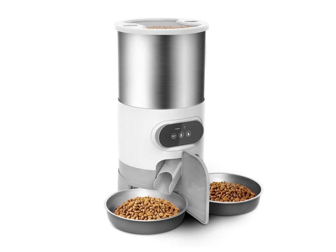 Alimentador Inteligente para Animais de Estimação com Tigela Dupla Wifi Material de Aço Inoxidável Caixa de Armazenamento de Grãos de 4 5L