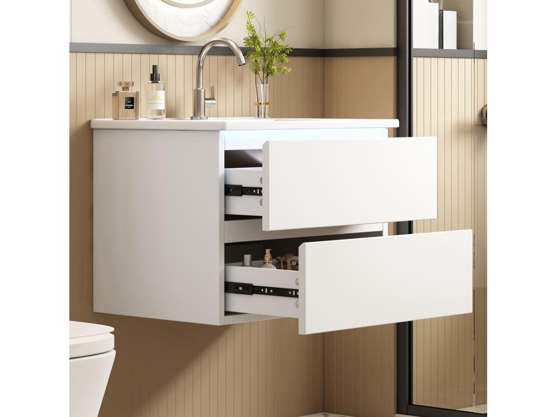 Mueble De Baño Suspendido 61x46x45 Cm - Led Sensor, 2 Cajones, Lavabo Integrado - Blanco