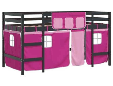 Cama alta para niños VIDAXL con cortinas madera pino rosa (80x200 cm)