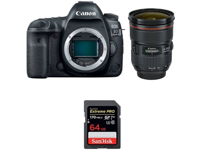 Kit Cámara CANON EOS 5D Mark IV + EF 24-70mm f/2.8L II USM + SanDisk 64 GB (Full-Frame)