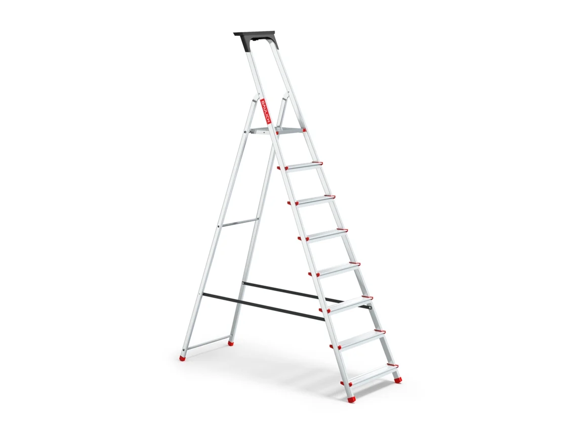 Escalera doméstica de aluminio, 8 peldaños, plegable, con estante, capacidad de carga 125 kg, Baulich