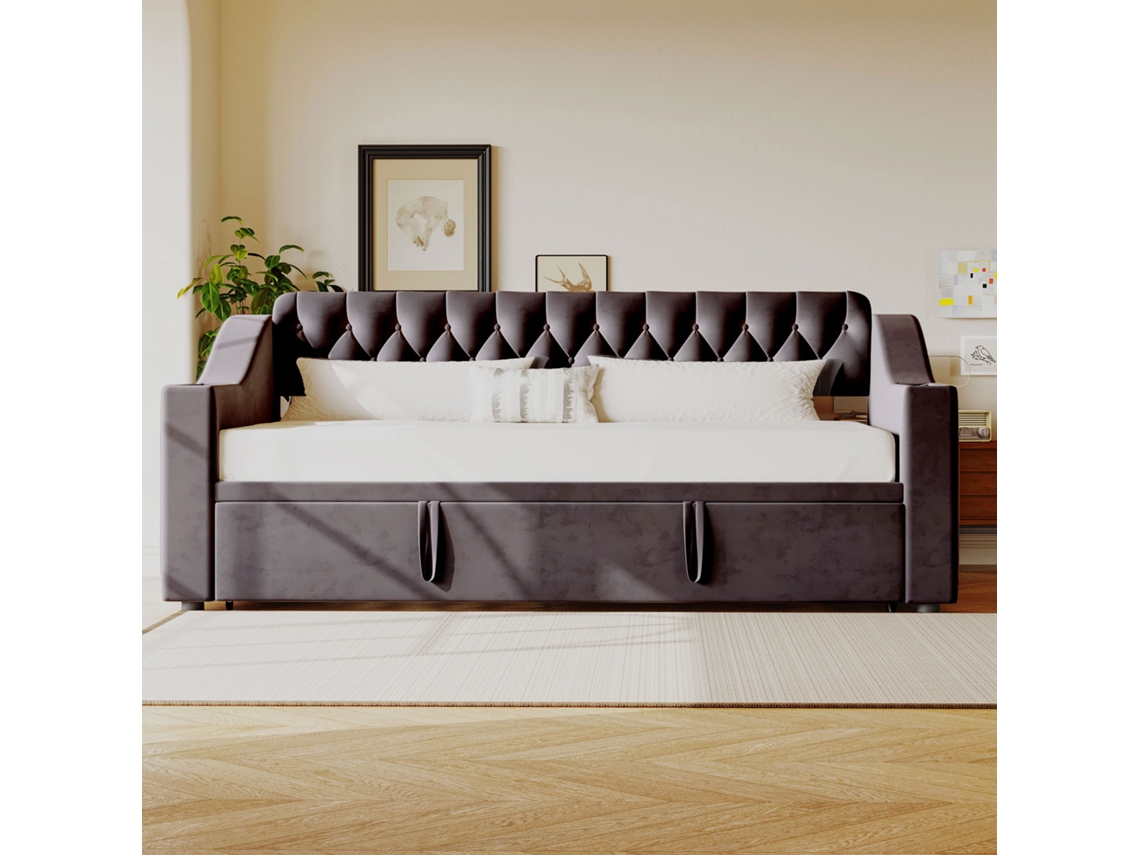 Cama nido 90/180x190 cm con zócalos y compartimento de almacenaje en terciopelo gris oscuro
