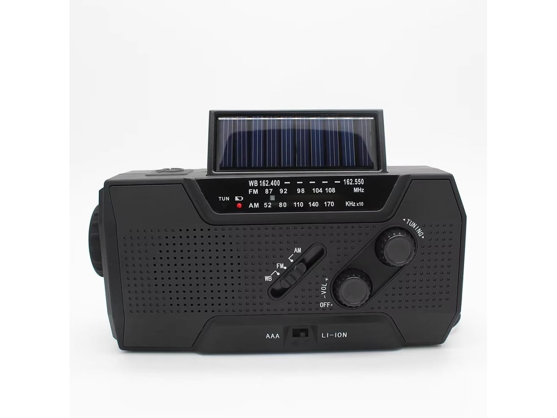 Rádio portátil multifuncional para emergências ao ar livre — Alimentação solar e operação manual — Preto