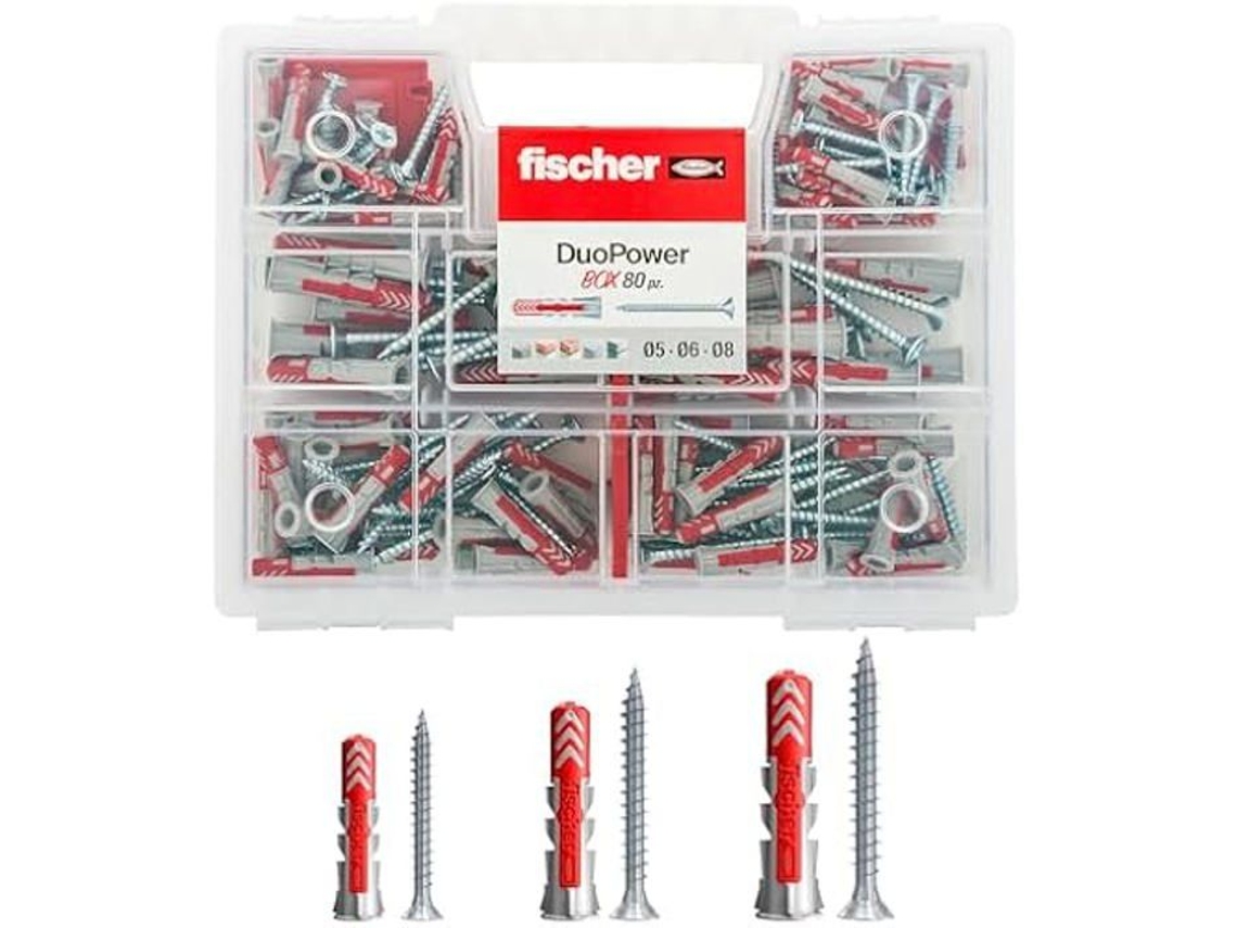 Kit casquillos universales DUOPOWER Fischer - Caja de 80 piezas con tornillos surtidos