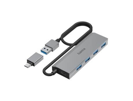 Concentrador USB HAMA 4 Puertos USB 3.2 Gen1 5 Gbit/s con Adaptador de Sección USB-C