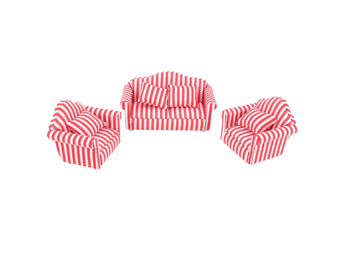 -3 Piezas Sofá Miniatura Para Casa De Muñecas 1:12, Sofá Doble Y 2 Sofás Individuales Con Rayas Claras, Rojo