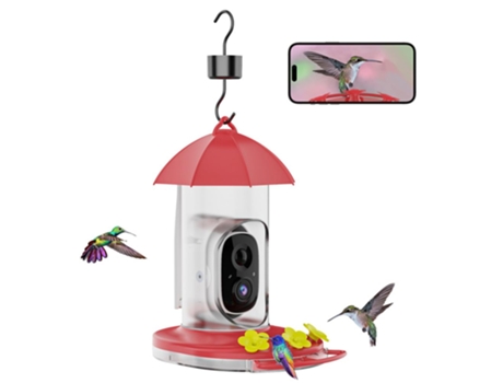 Comedero inteligente para colibríes con cámara, comedero inalámbrico para pájaros al aire libre con foso para hormigas (rojo) BISBISOUS