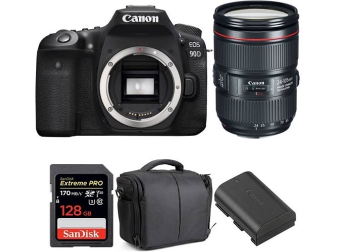 Kit Cámara Réflex CANON EOS 90D + EF 24-105mm f/4L IS II USM + SanDisk 128GB + LP-E6N + Bolsa