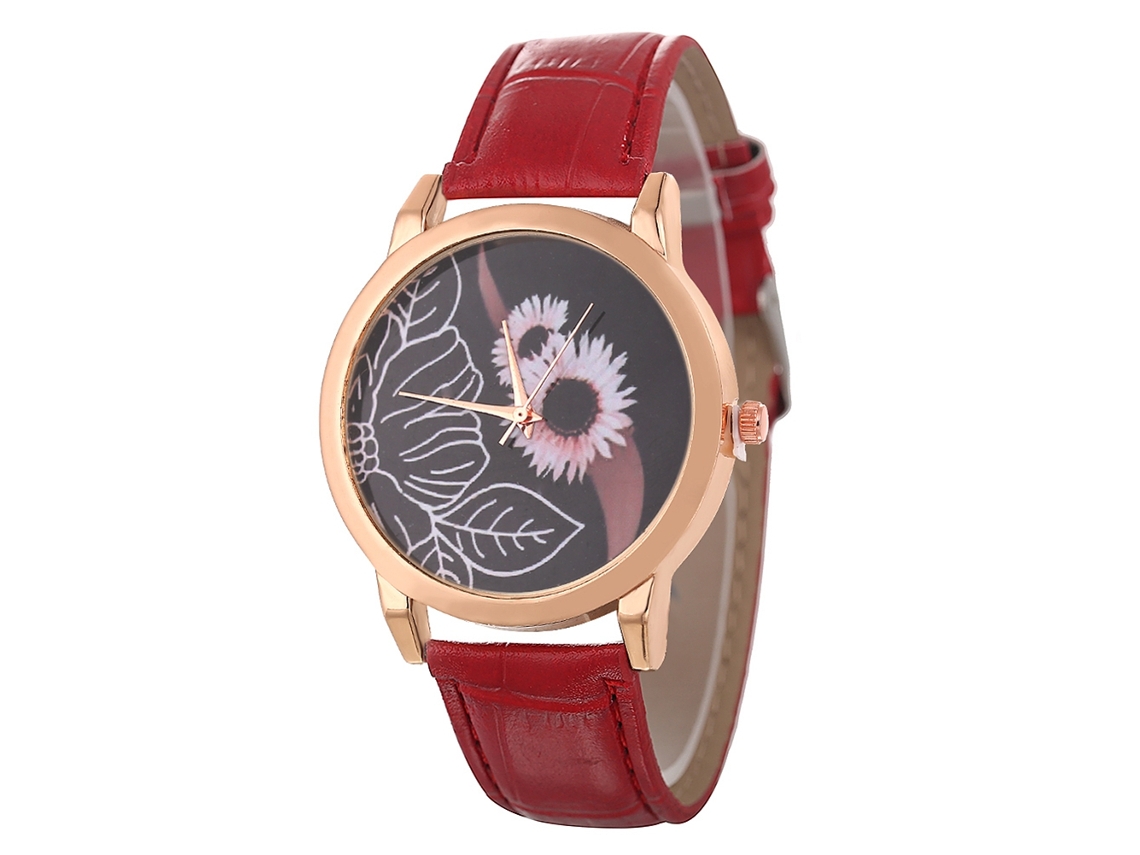 Reloj De Pulsera Unisex De Cuarzo Zhoulianfa Con Correa De Cuero Sintético Y Estampado Floral Rojo.