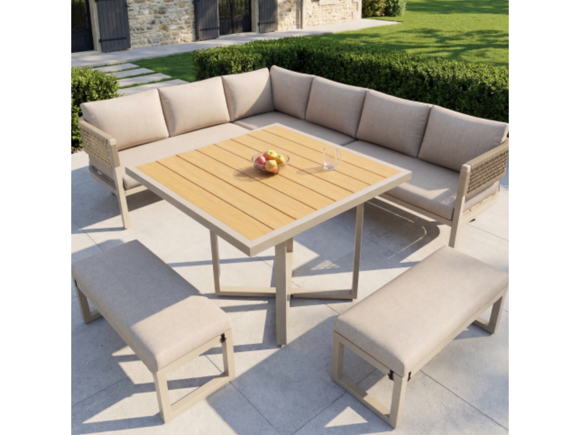 Conjunto De Jardín 8-10 Personas Con Mesa Grande, Madera Plástica, Sofá De Cuerda, Patas Ajustables Y Cojines Beige