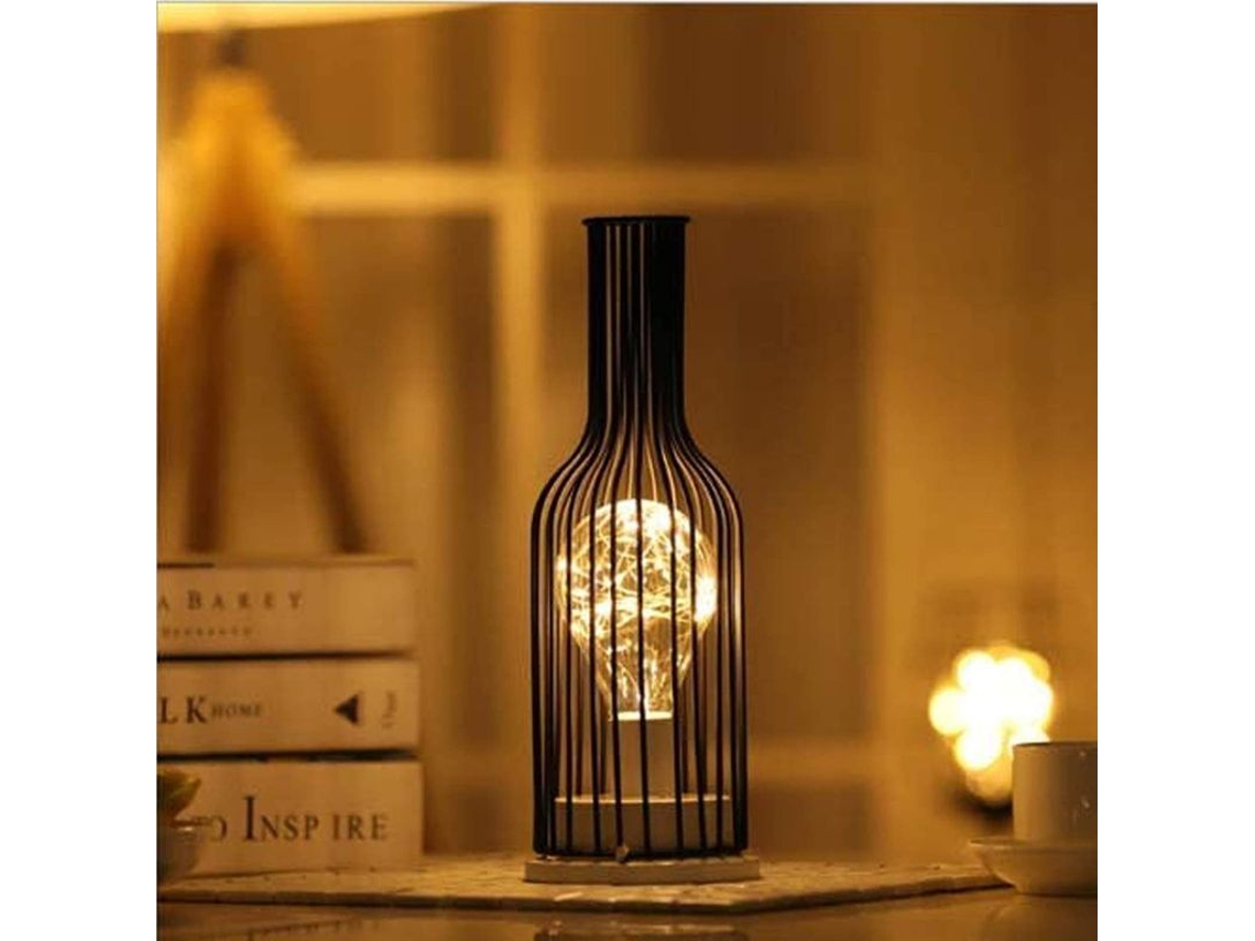 Lámpara de mesa decorativa retro, estilo jaula, luz nocturna con pilas, diseño de botella de vino tinto, clase energética A