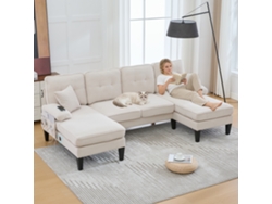 Sofá En U 4 Plazas - Lino Suave, Chaise-longues Dobles, Cojines Decorativos - Beige