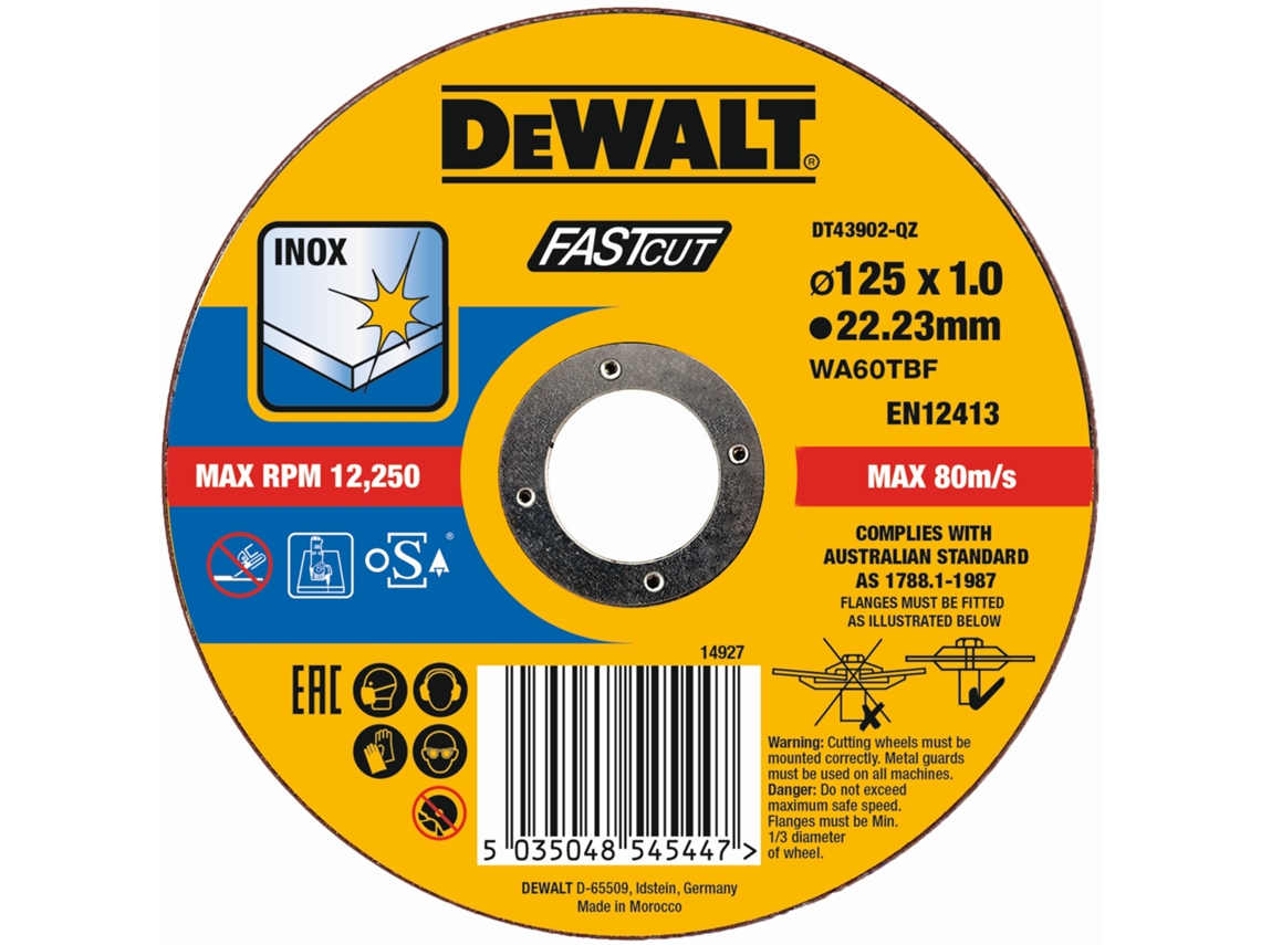 DEWALT DT43902-QZ - Disco de corte plano INOX con grano profesional de óxido de aluminio Fast Cut 125 x 1 x 22.23mm