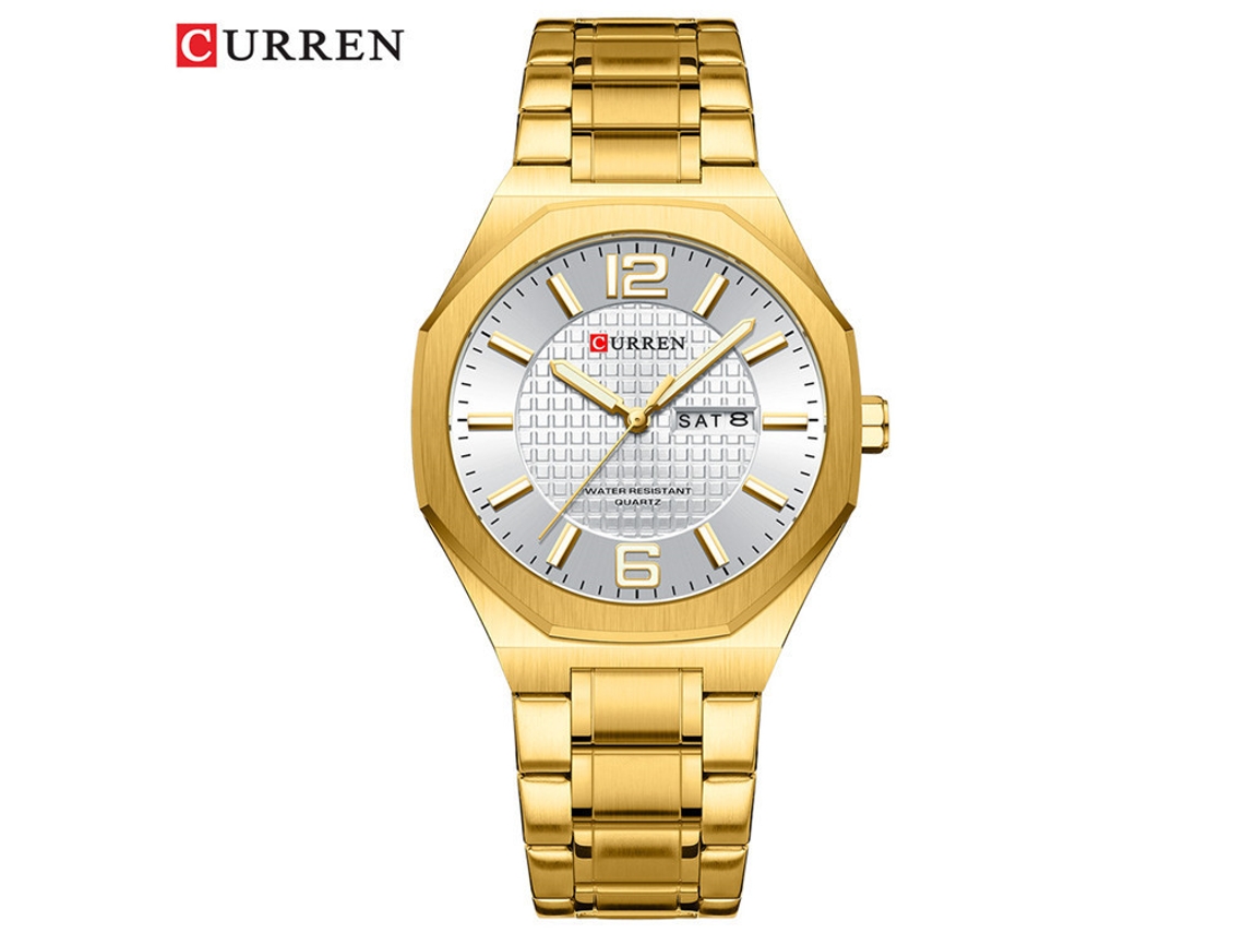 Reloj De Cuarzo Sencillo E Impermeable (dorado Y Blanco) Con Correa De Acero Inoxidable, Fecha, Estilo Casual De Negocios, Forma Octogonal.