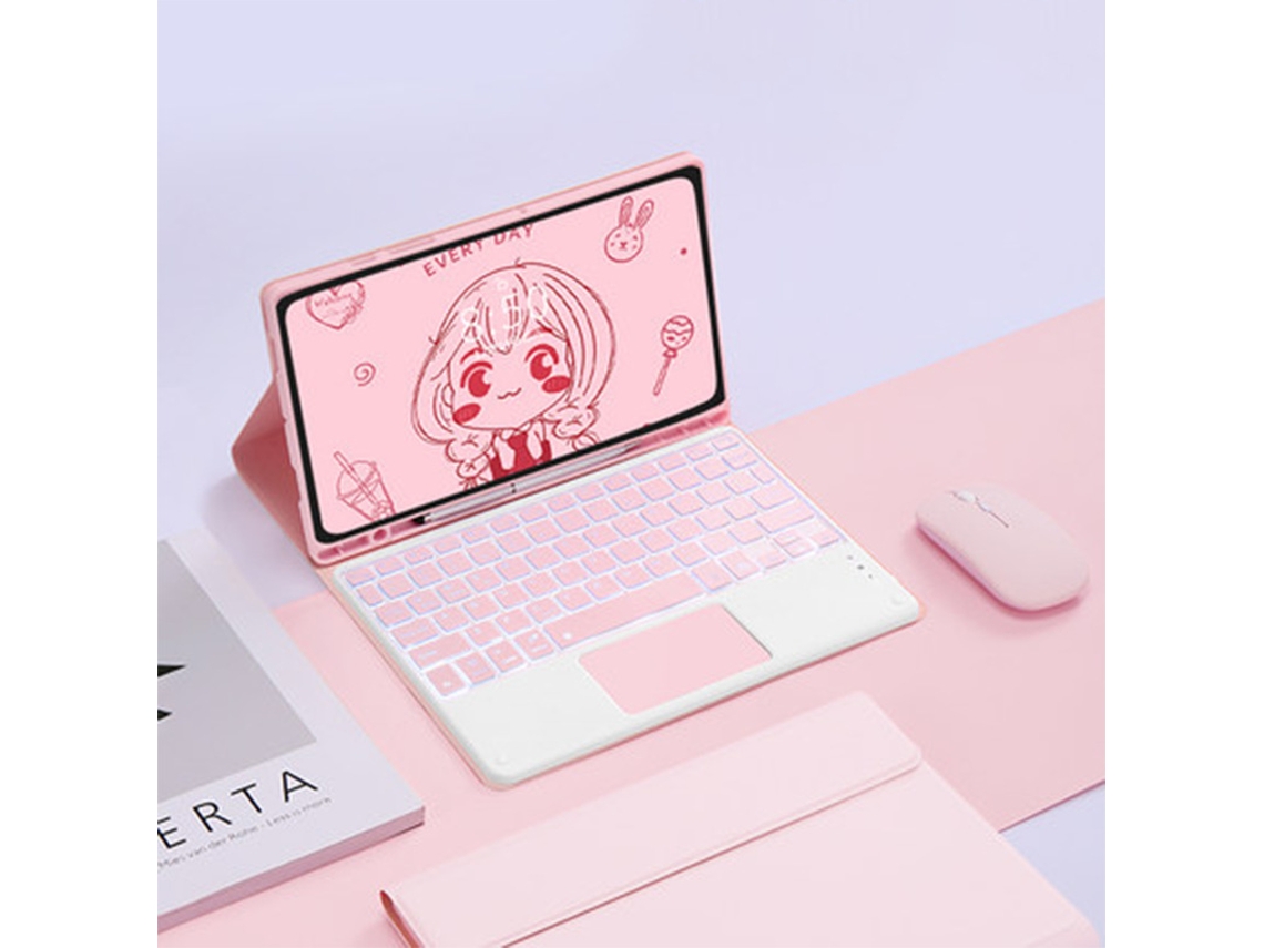 Funda con teclado Bluetooth Fwinl para iPad 11 A16 2025, teclado táctil cuadrado retroiluminado y ratón con carga, color rosa