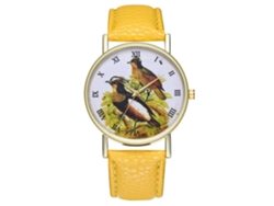 Reloj De Cuarzo Unisex Con Correa De Cuero Pu Y Dial De Pájaro Moda Amarillo Zhoulianfa