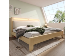Cama De Madera Beige De 140x200 Con Cabecero Iluminado Con Led.