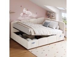 Cama tapizada multifuncional 140 x 200 cm – Somier de láminas, USB, compartimento de almacenamiento, para niños y jóvenes, sofá cama, terciopelo beige