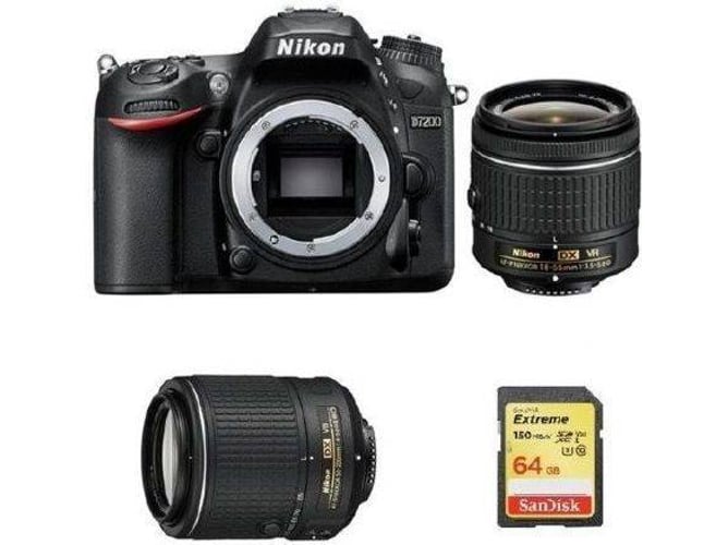 Kit Cámara Réflex NIKON D7200 + AF-P DX 18-55mm F3.5-5.6G VR + AF-S DX 55-200MM F4-5.6G ED VR II + 64GB SD