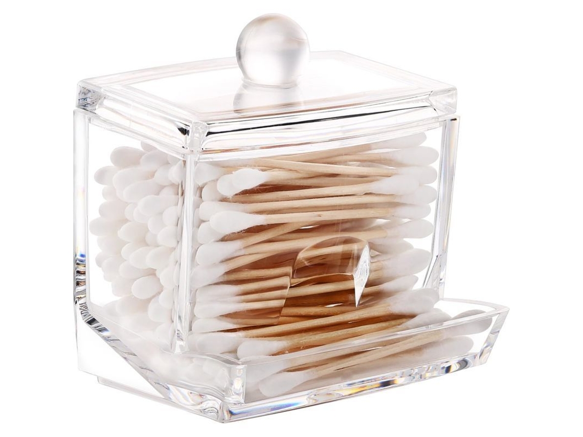 Recipiente transparente con tapa para guardar bastoncillos de algodón, ideal para el baño y los viajes.