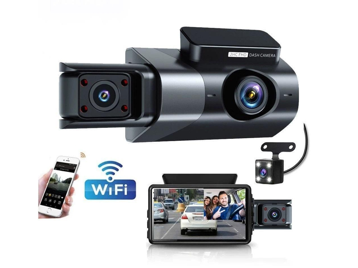 Cámara para coche con wifi HD de 3 lentes y 1080p: ángulo ultra amplio de 170°, visión nocturna infrarroja, sensor G de colisión y grabación en bucle continuo.