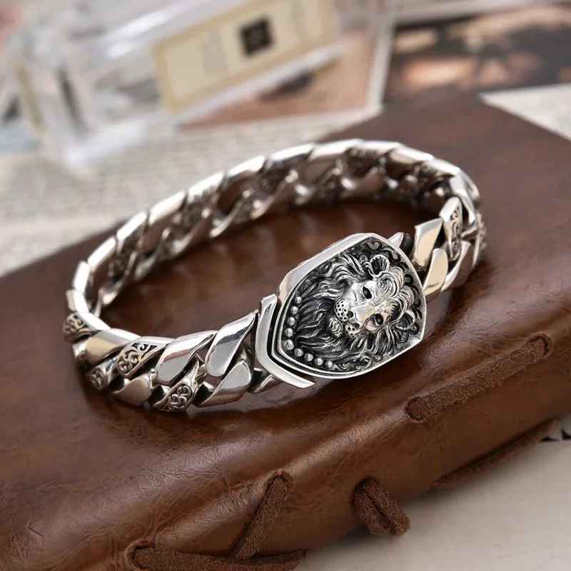 (22 Cm) Brazalete Vintage De Plata Tibetana Con Cabeza De León - Majestuoso Brazalete Con Cabeza De León