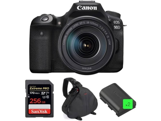 Kit Cámara Réflex CANON EOS 90D + 18-135mm IS USM + SanDisk 256GB + 2 LP-E6N + Bolsa