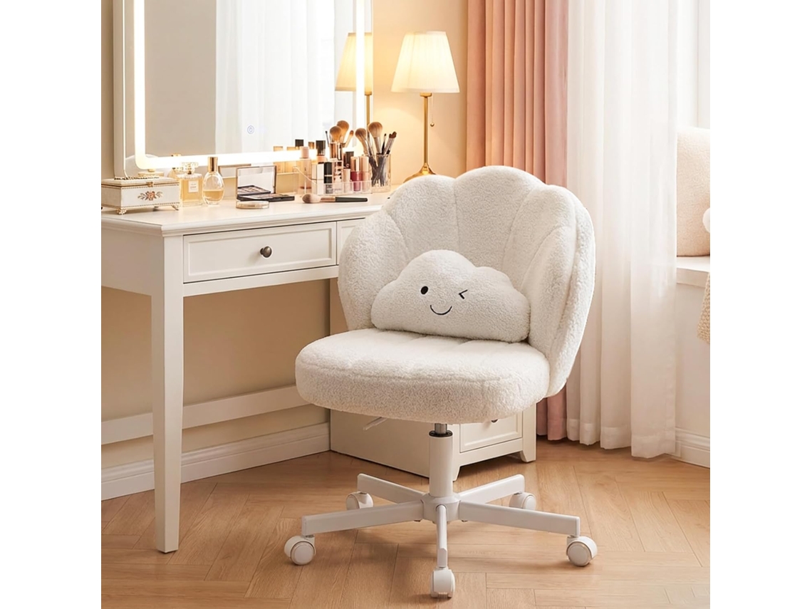 Comhoma Taburete Maquillaje Ruedas Flor, Silla Doble Respaldo Nube, Altura Regulable, Giratoria, Tela Teddy, Blanco