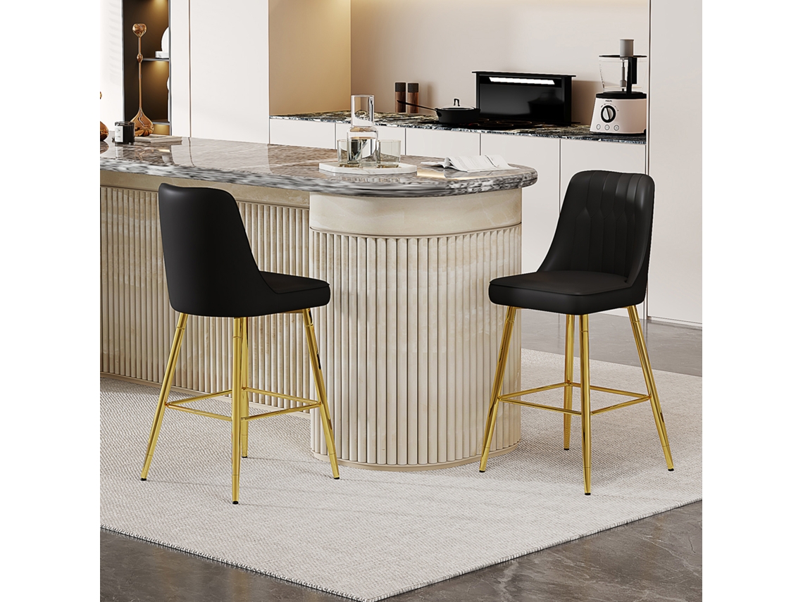 Juego De 2 Taburetes De Bar 100 Cm - Cuero Pu Negro Con Estructura Metálica Plateada Y Reposapiés Cómodo - Negro Y Dorado