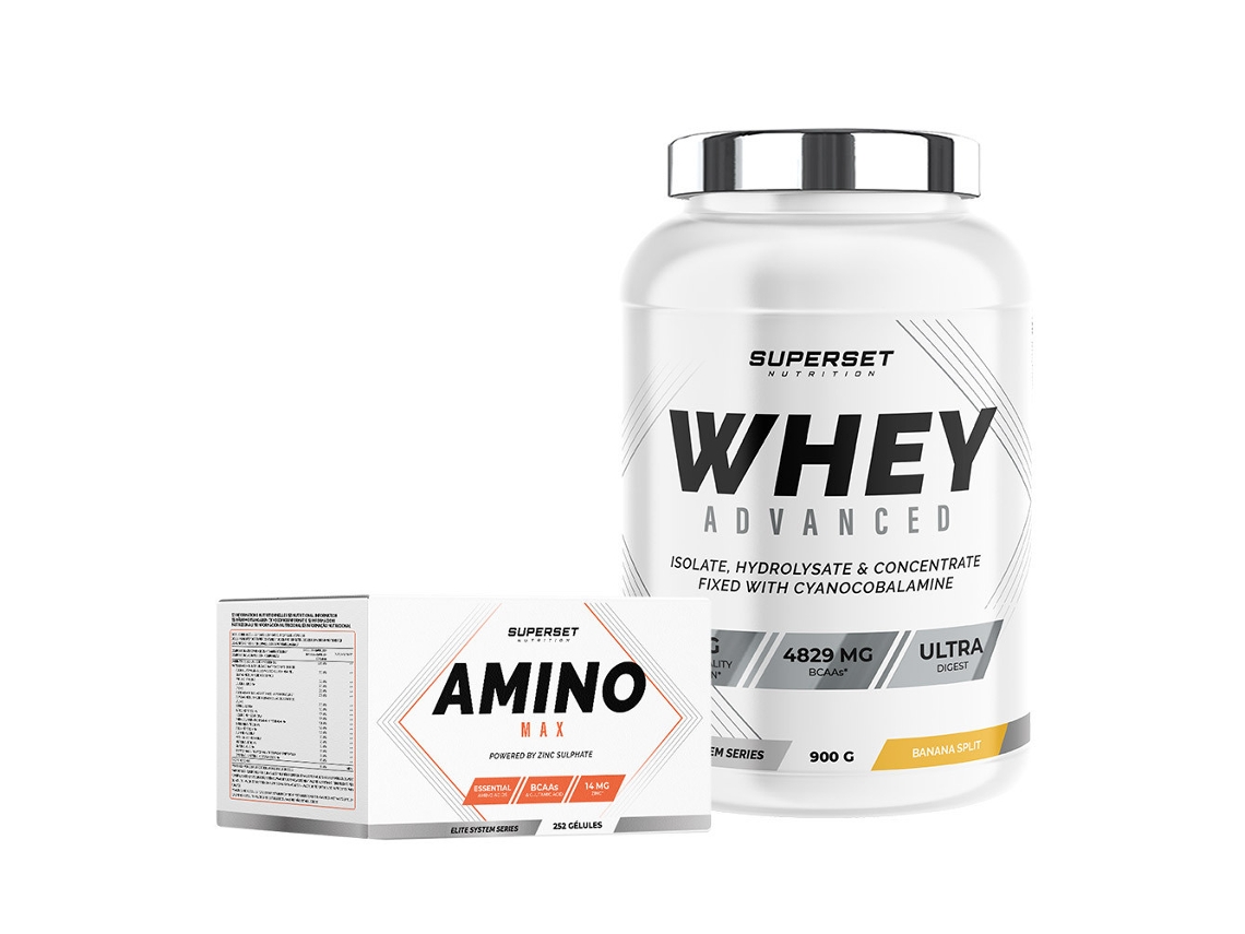 Programa de Premios Musculares Sec Débutant 100 Whey Protein Advanced 900g Banana Split Amino Max Superset Nutrition