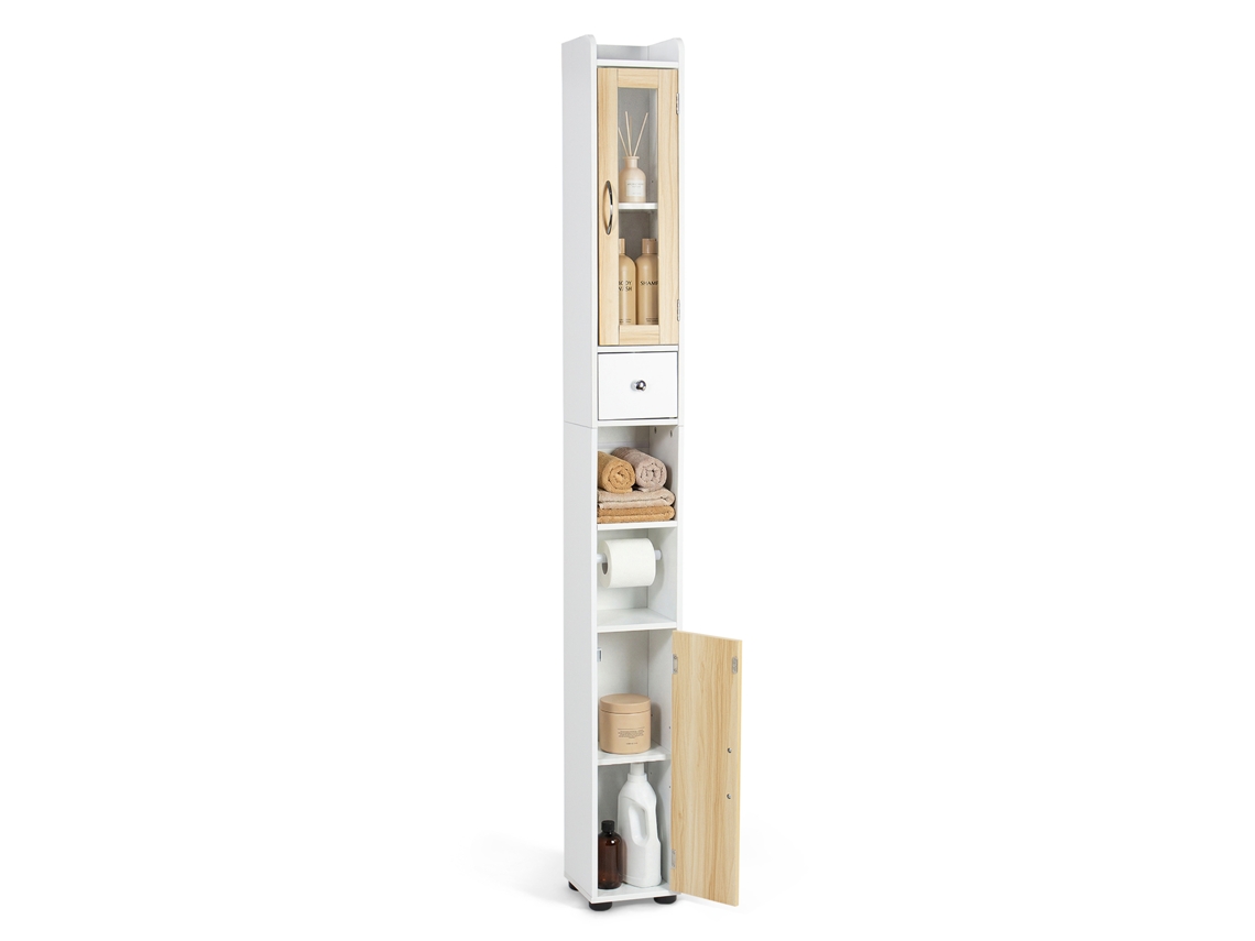 Todeco Armario De Baño Alto, Mueble Estrecho 20 X 20 X 180 Cm, Con 2 Puertas 1 Cajón Y Estante Ajustable, Puerta De Cristal