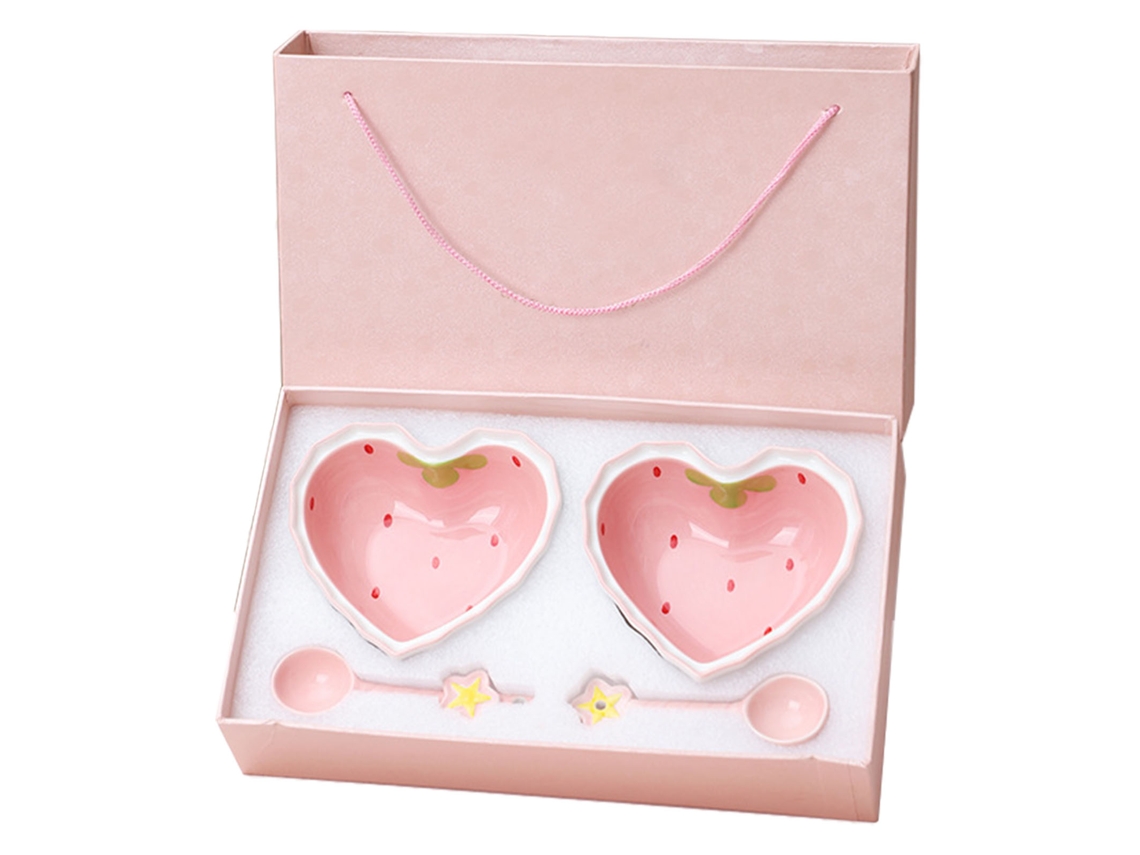 Bonito Bol De Cerámica Rosa Con Forma De Corazón Y Diseño De Fresa, Incluye Cuchara (2 Boles, 2 Cucharas)