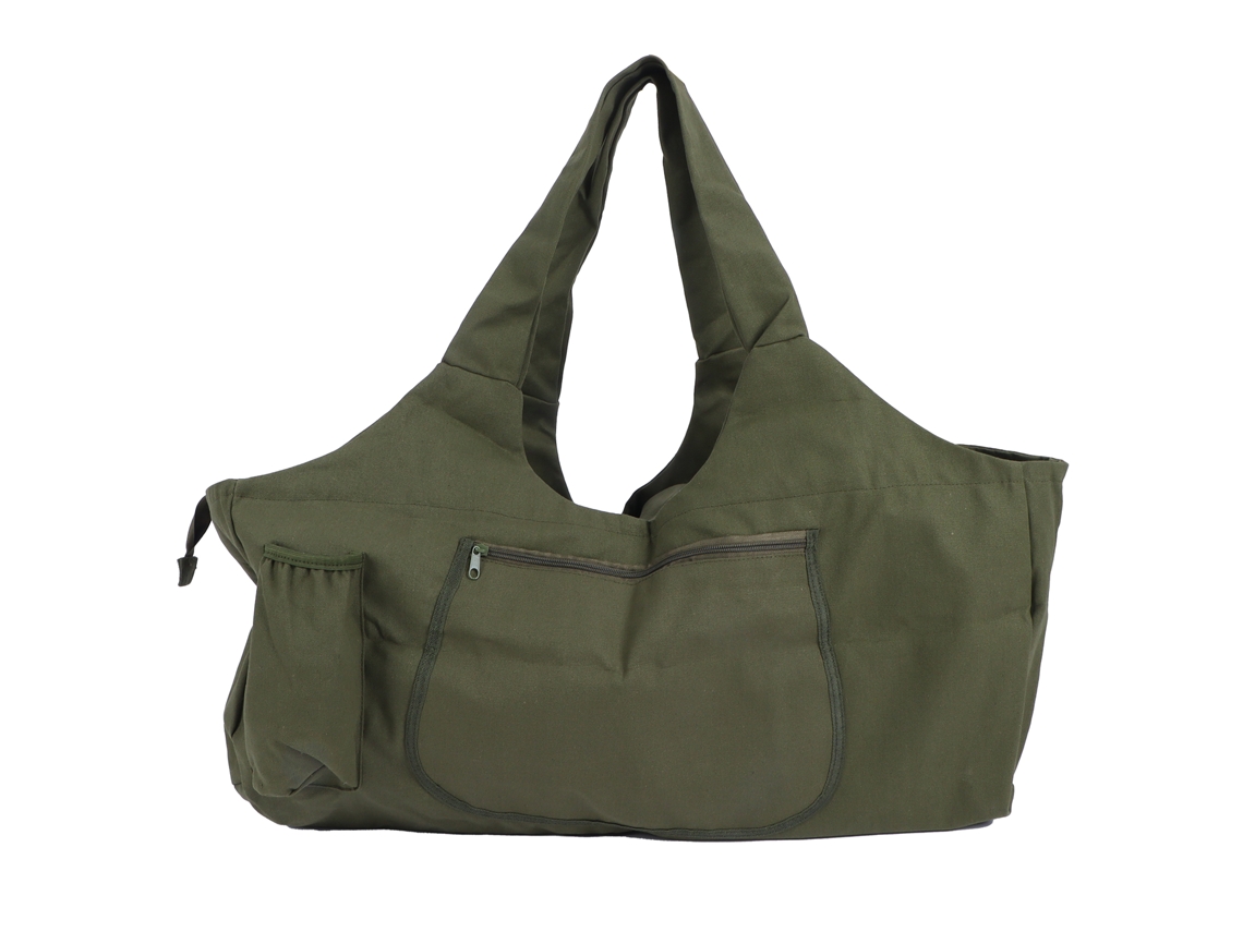 Bolsa de yoga portátil extragrande de color verde militar para fitness, viajes y uso al aire libre con bolsillos externos.