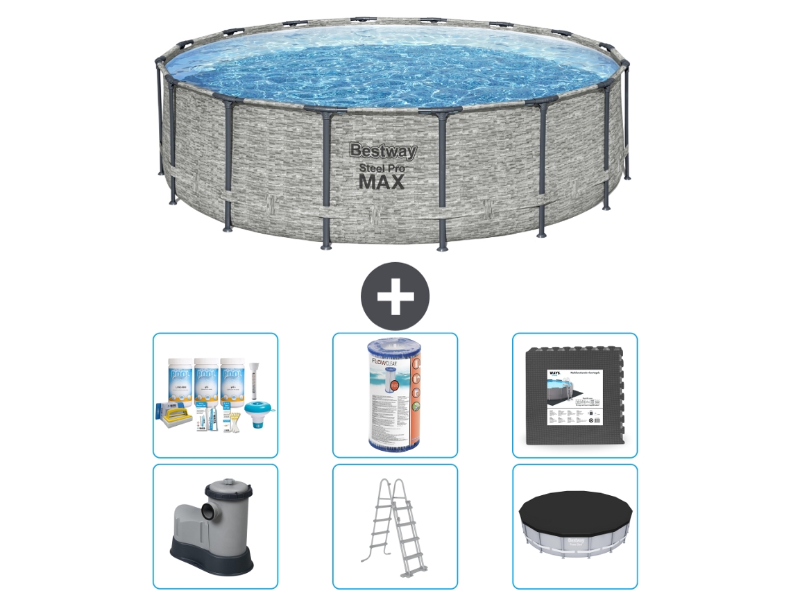 Piscina BESTWAY Round Steel Pro MAX - Estampado Piedra - 488 x 122 cm - Incluida Bomba - Escalera - Cobertor Accesorios CB31