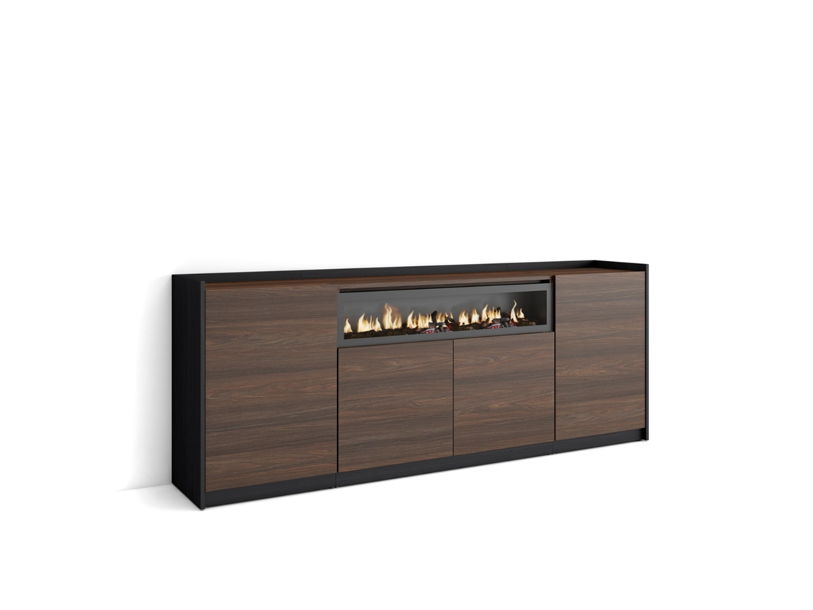 Aparador de comedor, 207x37x80cm, 4 puertas, chimenea eléctrica, roble oscuro y negro.