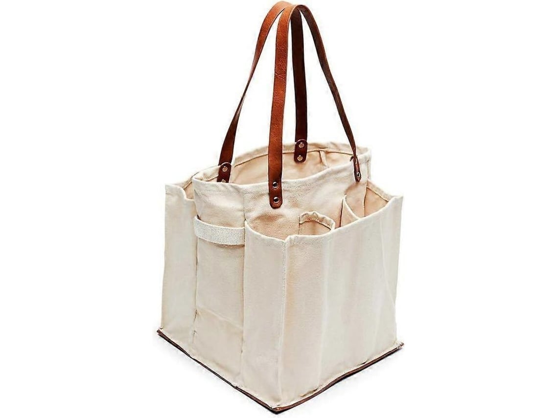 Bolsas De Compras Tipo Tote Para Mercado Agrícola Con Asas, 7 Bolsillos, Bolsa De Lona Resistente Con Base De Cuero Vegano, Bolsa Reutilizable, A