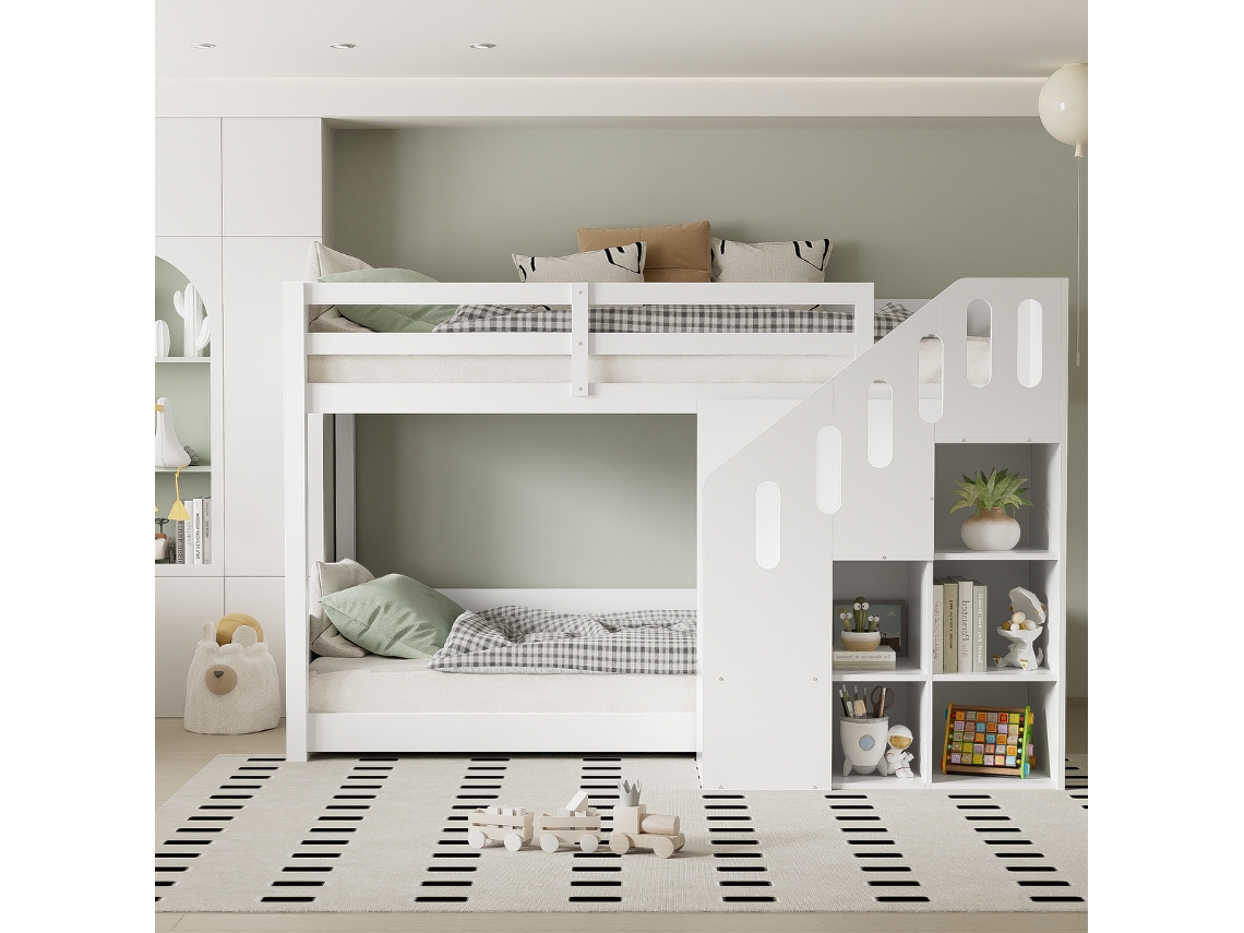 Litera Alta Infantil 90x200 Cm Con Escalera De Almacenamiento, Armarios, Barandilla De Seguridad Y Somier, Blanco