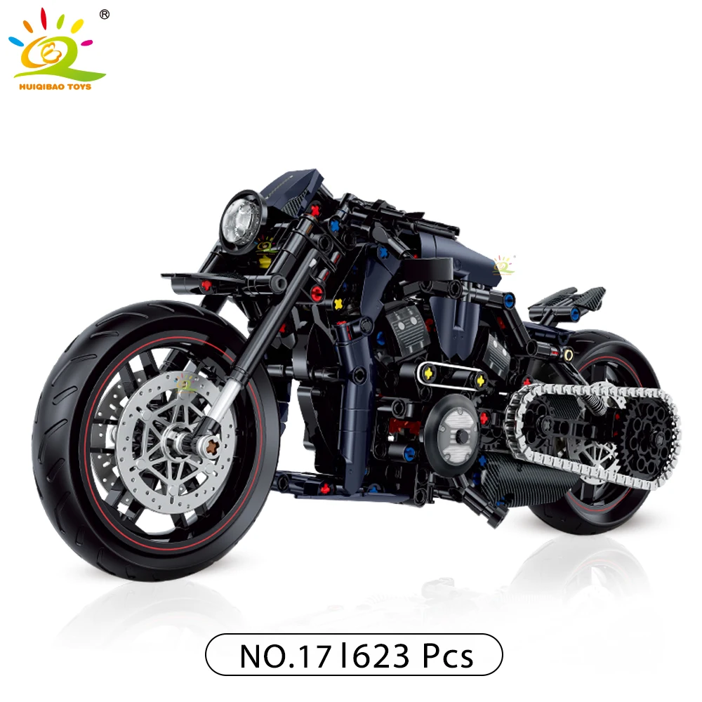 Modelo de alta tecnología de una motocicleta clásica en escala 1:8, fabricado con bloques de construcción.