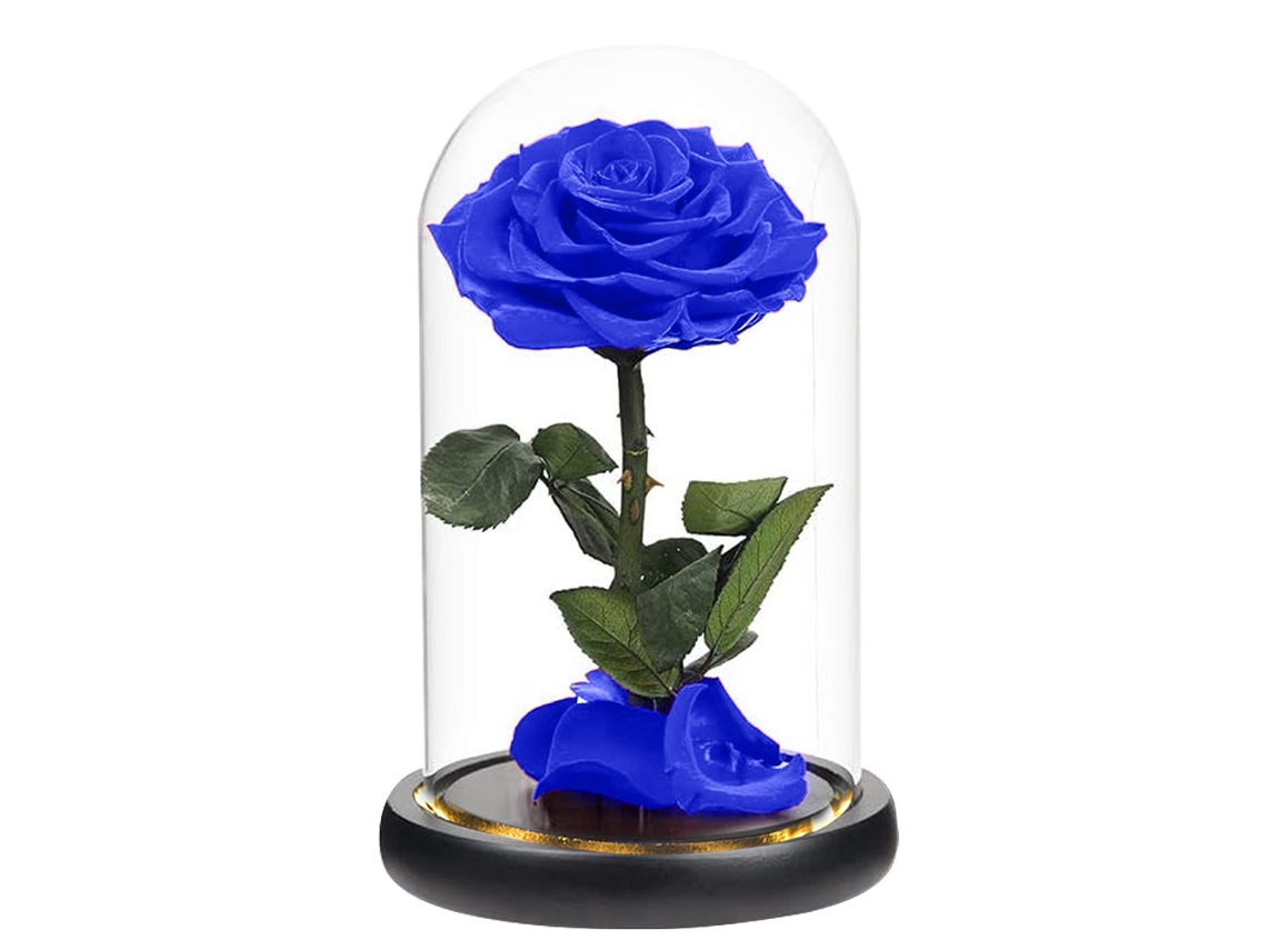 Decoración de flores eternas con base de vidrio y luces, rosa ideal para cumpleaños y regalos festivos para amigos y familiares.
