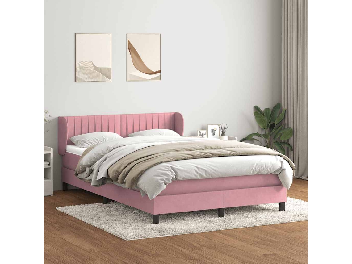 Cama Box Spring Con Colchón Terciopelo Rosa 140x220 Cm